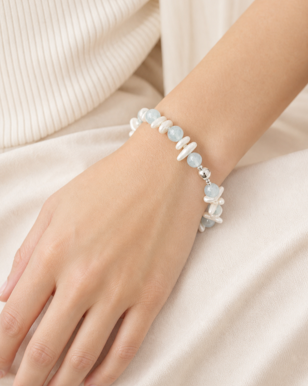 Aqua Shell Pearl Bracelet worn on model