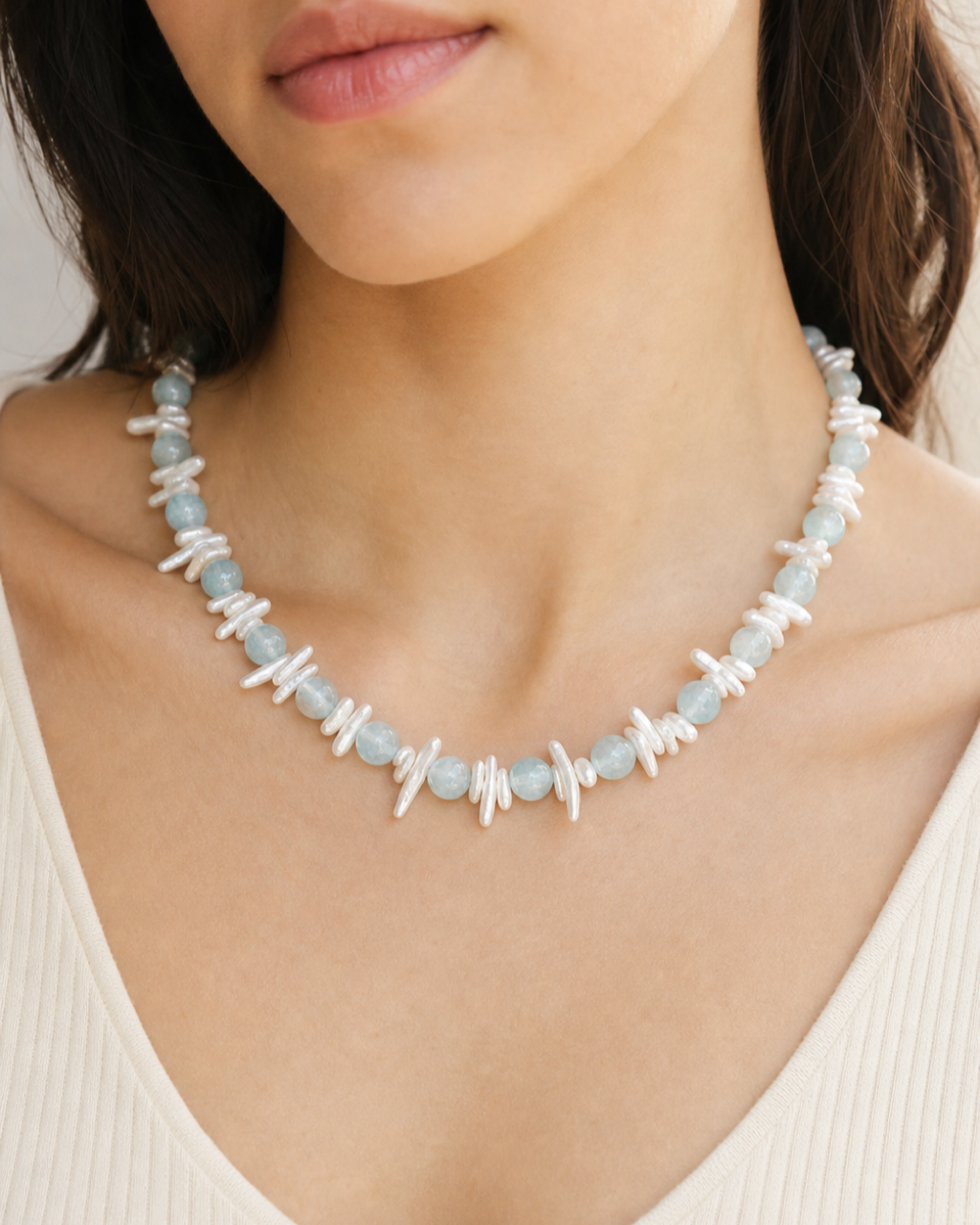Aqua Shell Pearl Necklace worn on model