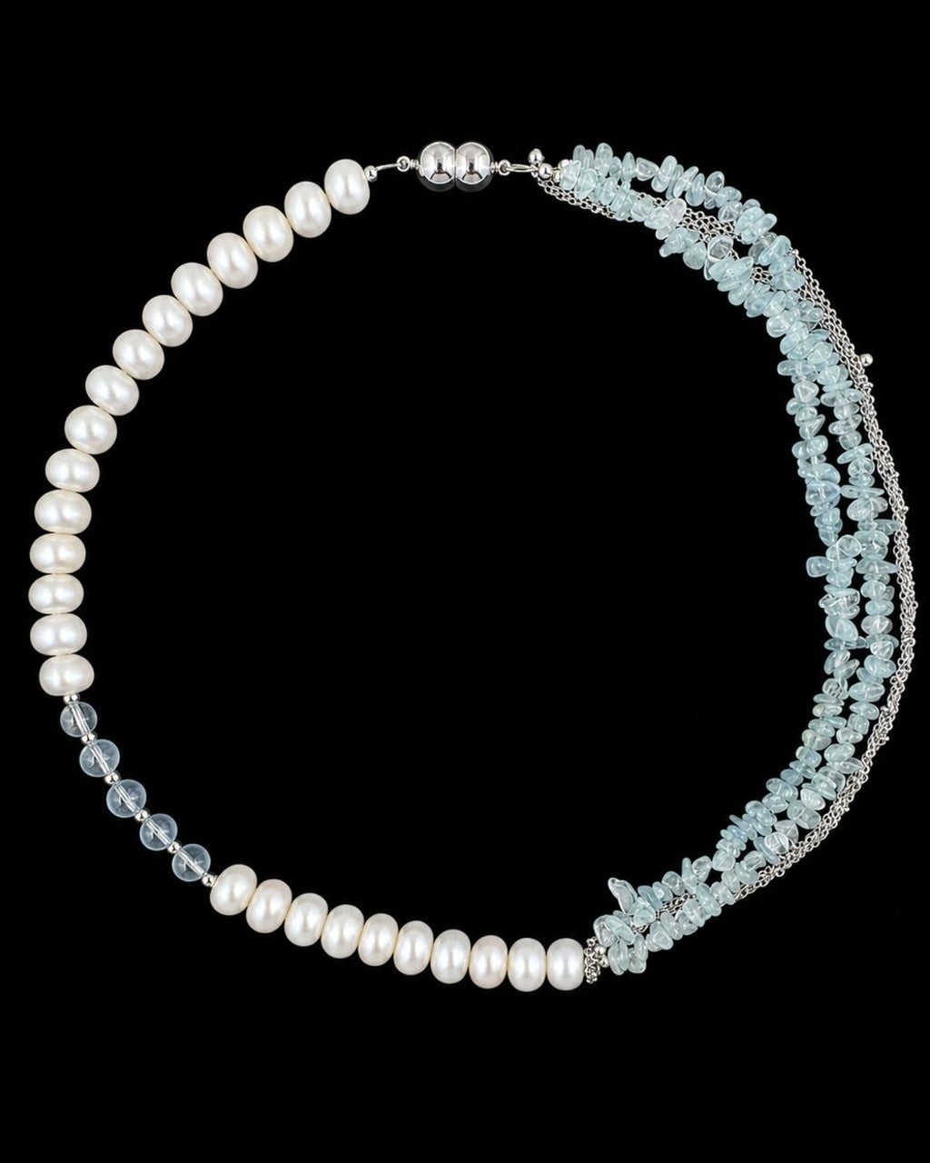 Aquamarine Chip Pearl Necklace on a black background