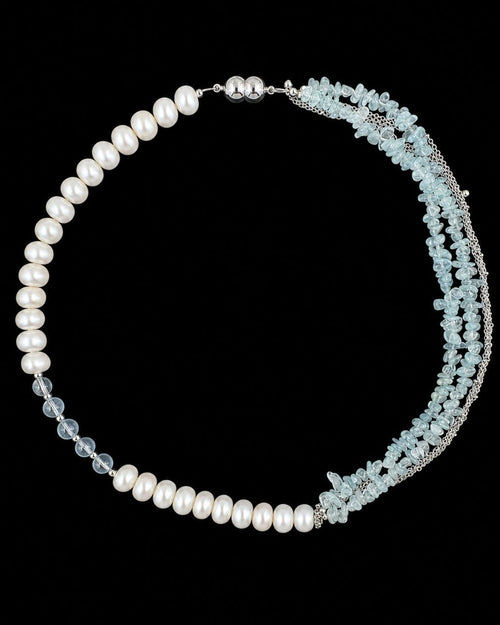 Aquamarine Chip Pearl Necklace on a black background