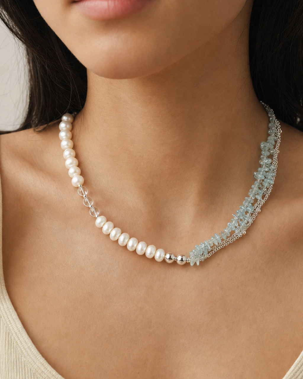 Aquamarine Chip Pearl Necklace worn on model