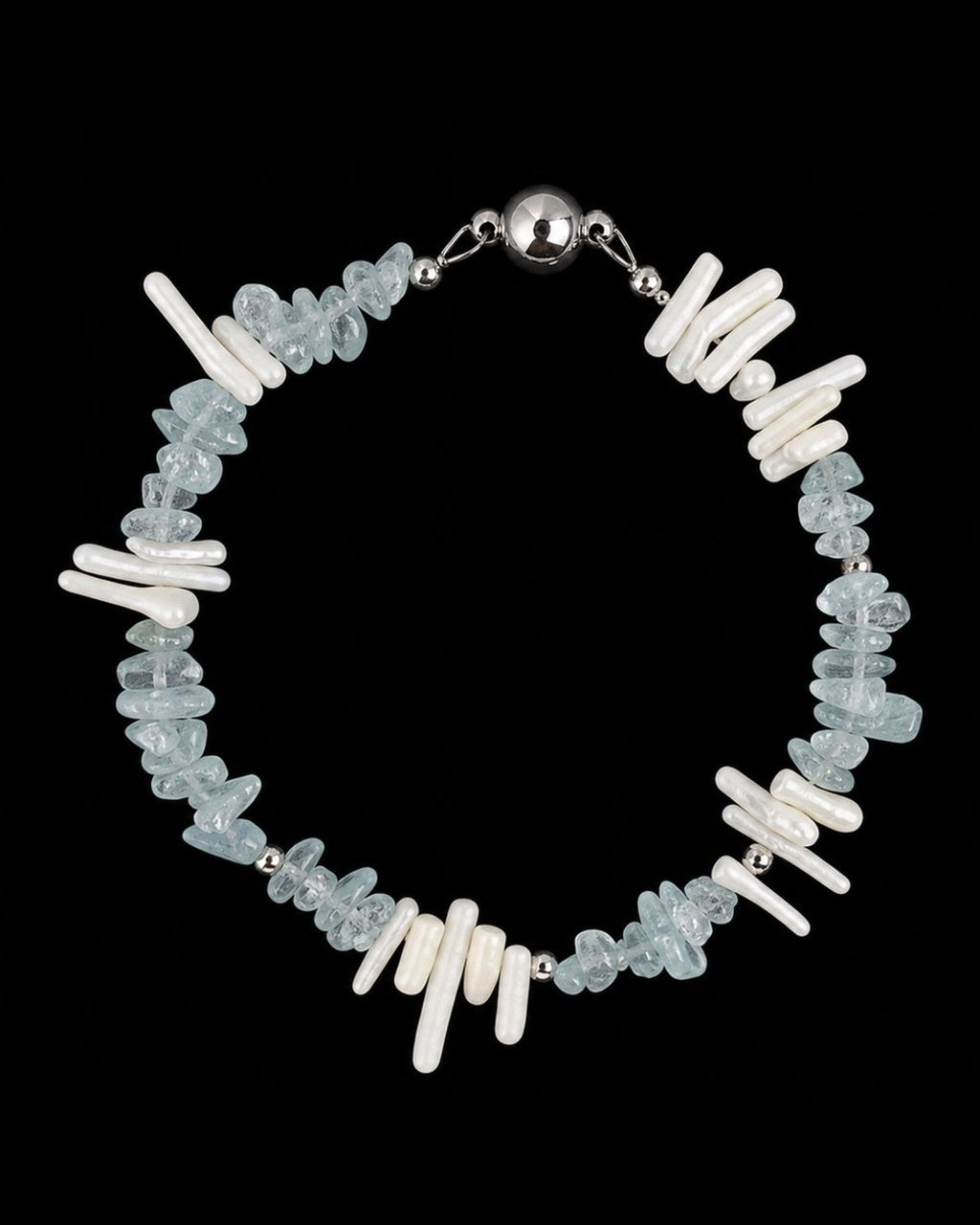 Aquamarine Chip Shell Bracelet on a black background