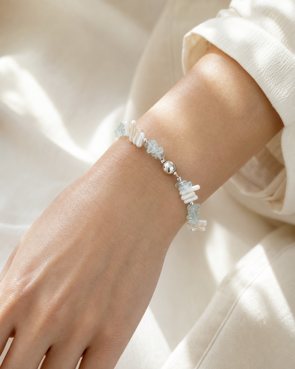Aquamarine Chip Shell Bracelet worn on model
