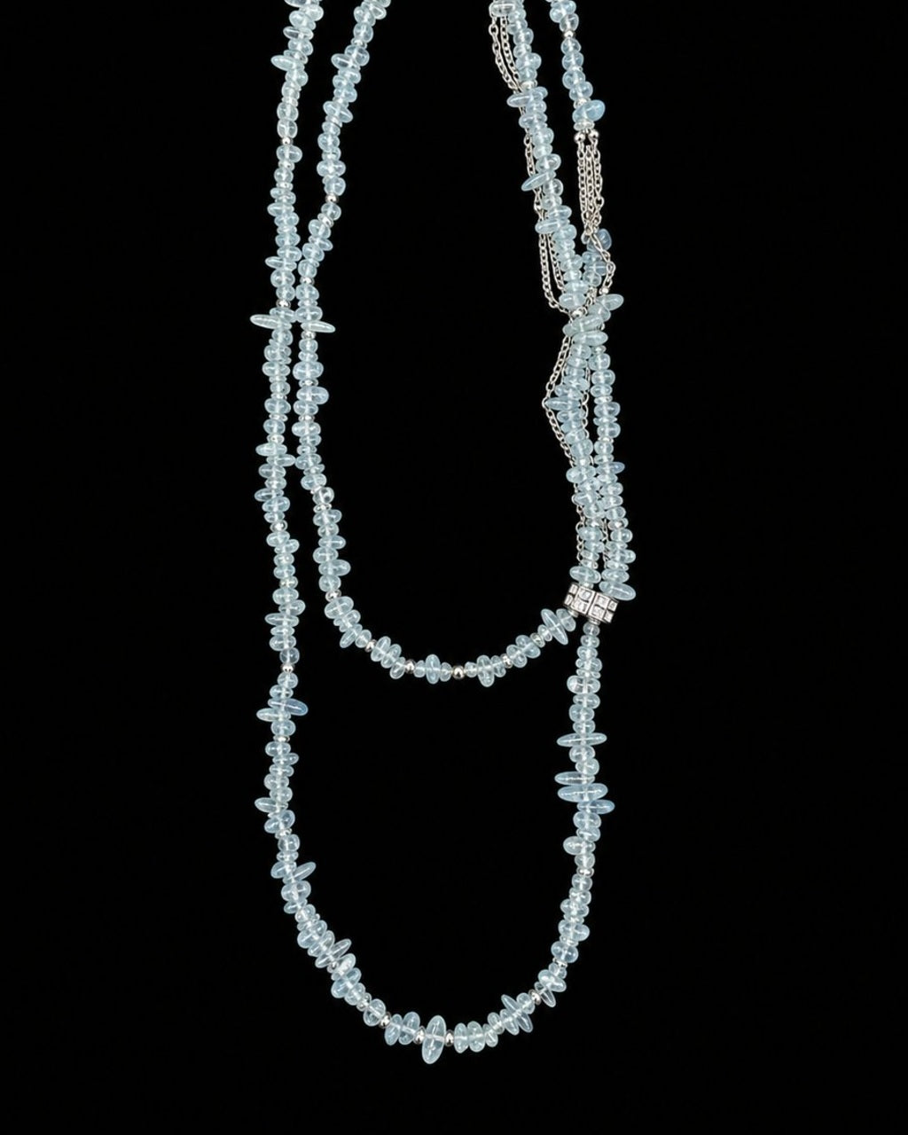 Aquamarine Chip Silver Chain Necklace on a black background