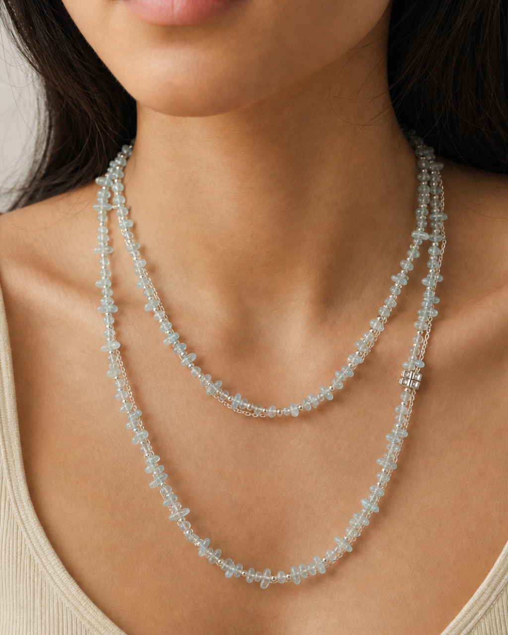 Aquamarine Chip Silver Chain Necklace worn on model