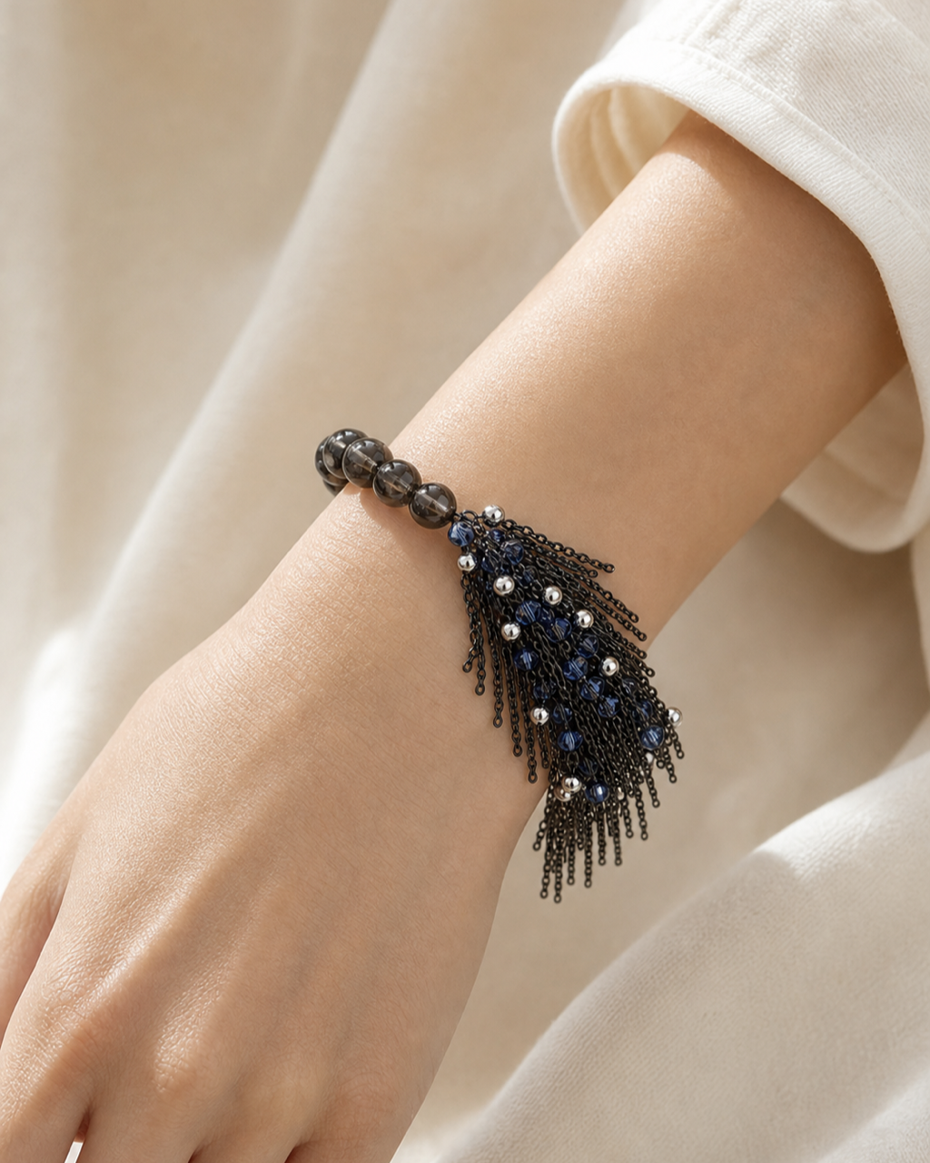 Black Blue Chain Tassel Bracelet worn on model