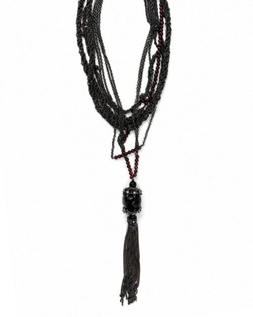 Black Burgundy Tassel Necklace on a white background