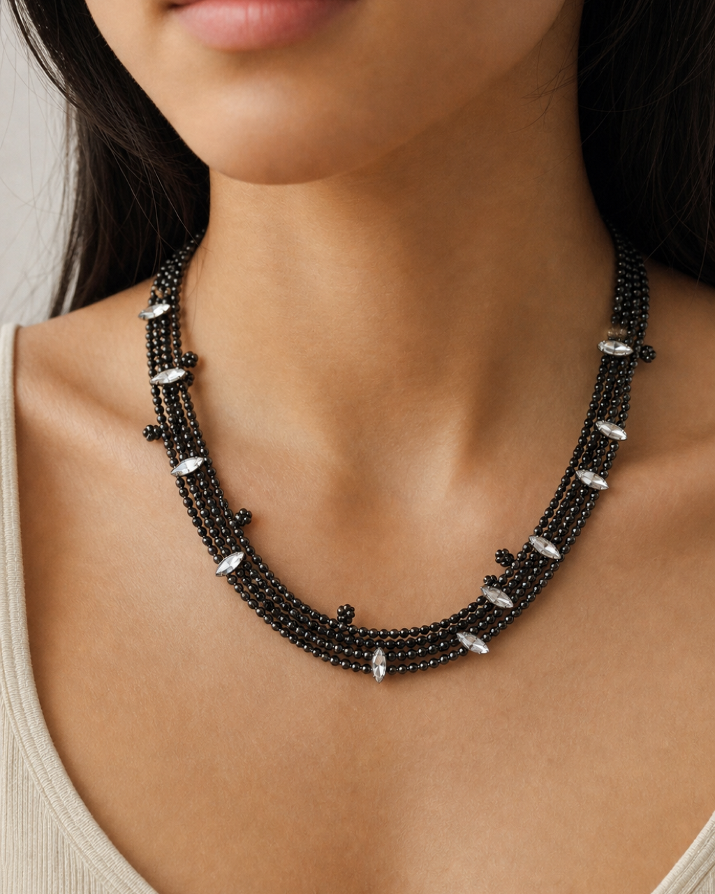 Black Crystal Bead Chain Necklace worn on model