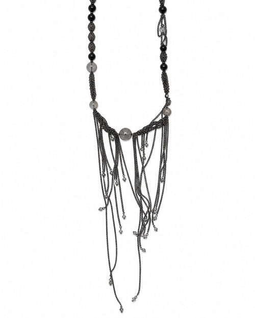 Black Gray Bead Chain Tassel Necklace on a white background
