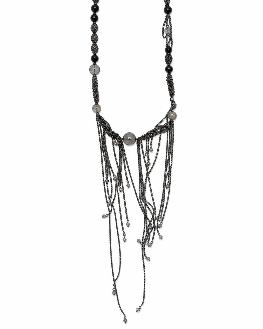 Black Gray Bead Chain Tassel Necklace