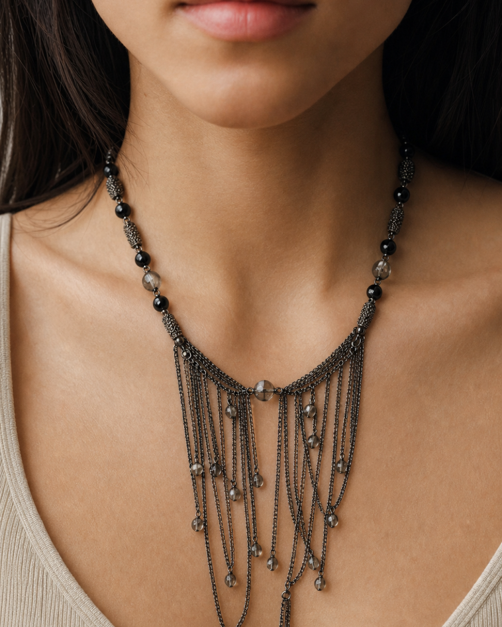 Black Gray Bead Chain Tassel Necklace worn on model