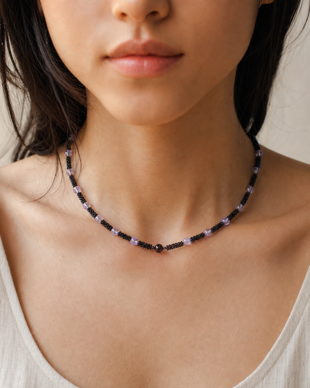 Black Lavender Bead Necklace worn on model