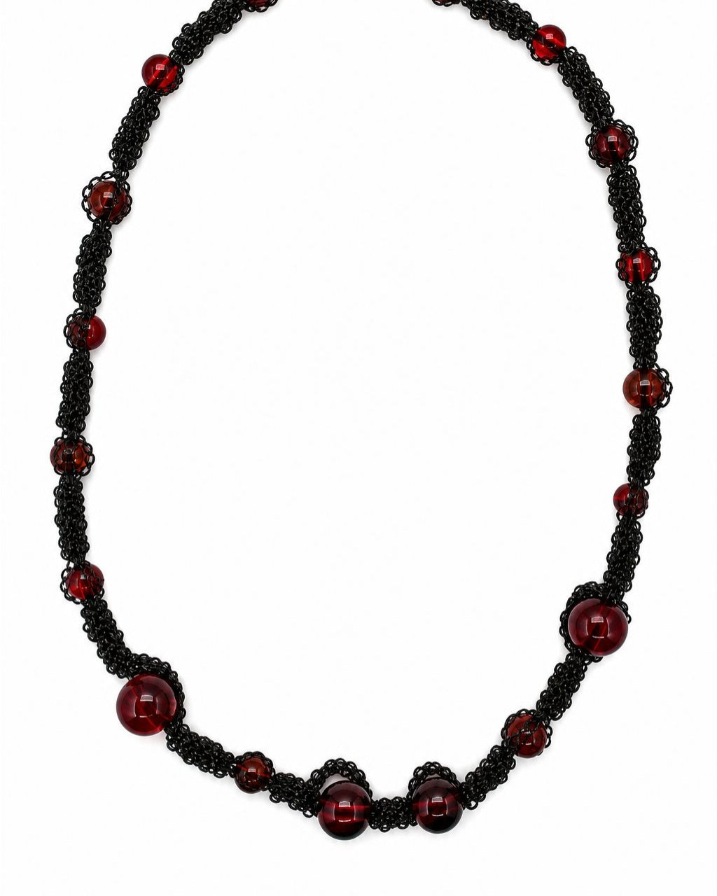 Black Red Bead Chain Necklace on a white background