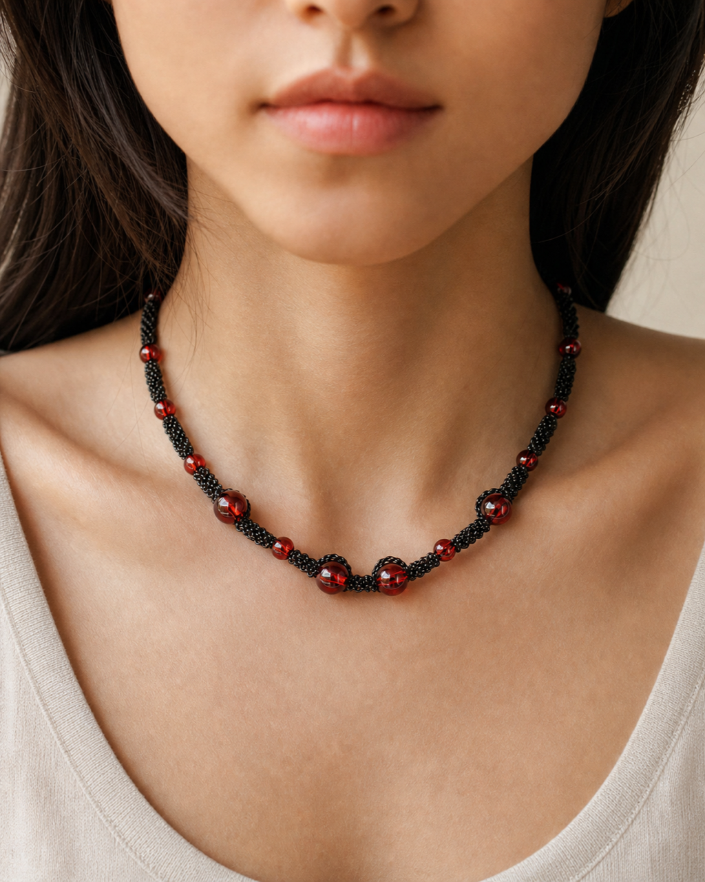 Black Red Bead Chain Necklace worn on model