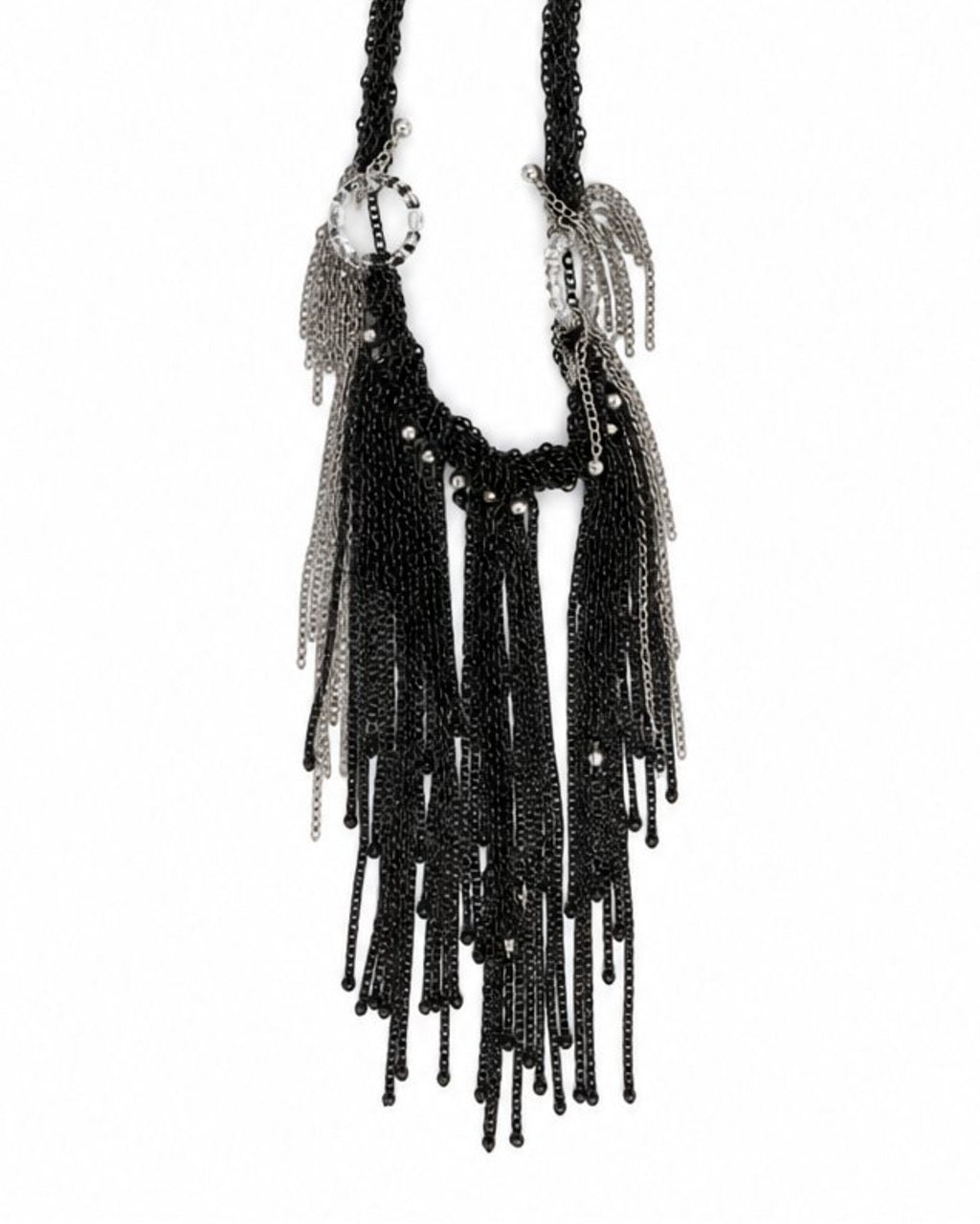 Black Silver Chain Tassel Necklace on a white background