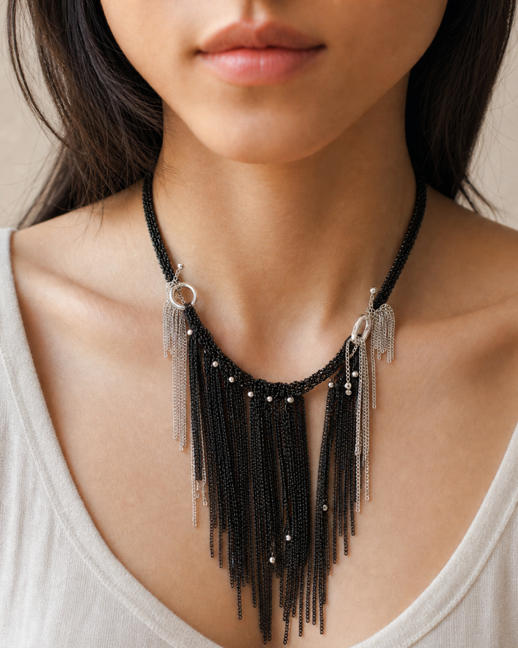 Black Silver Chain Tassel Necklace worn on model