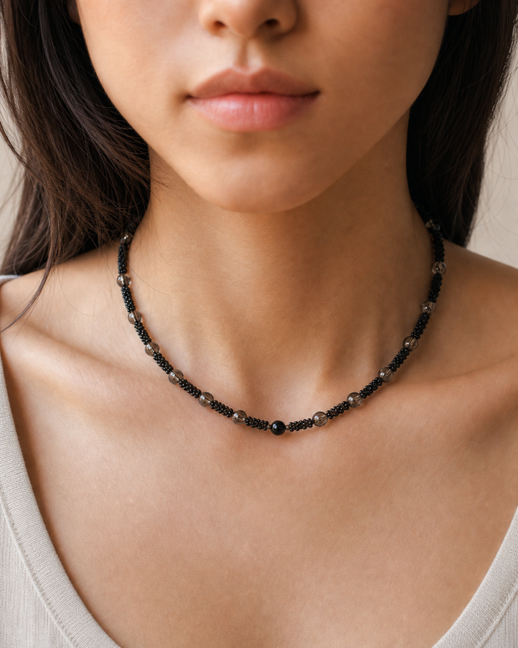 Black Smoky Bead Chain Necklace worn on model