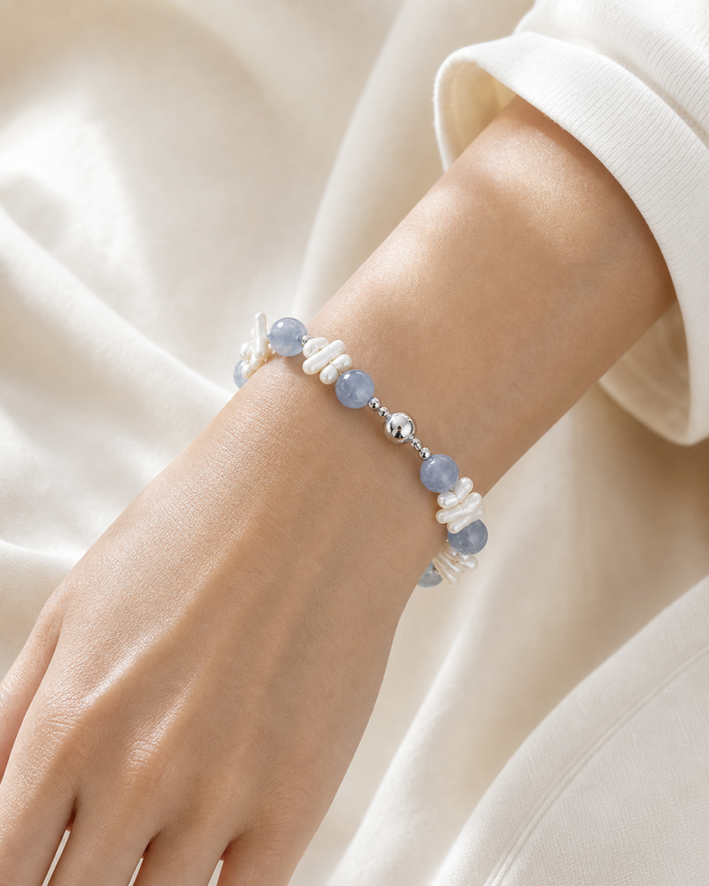 Blue Shell Pearl Bracelet worn on model