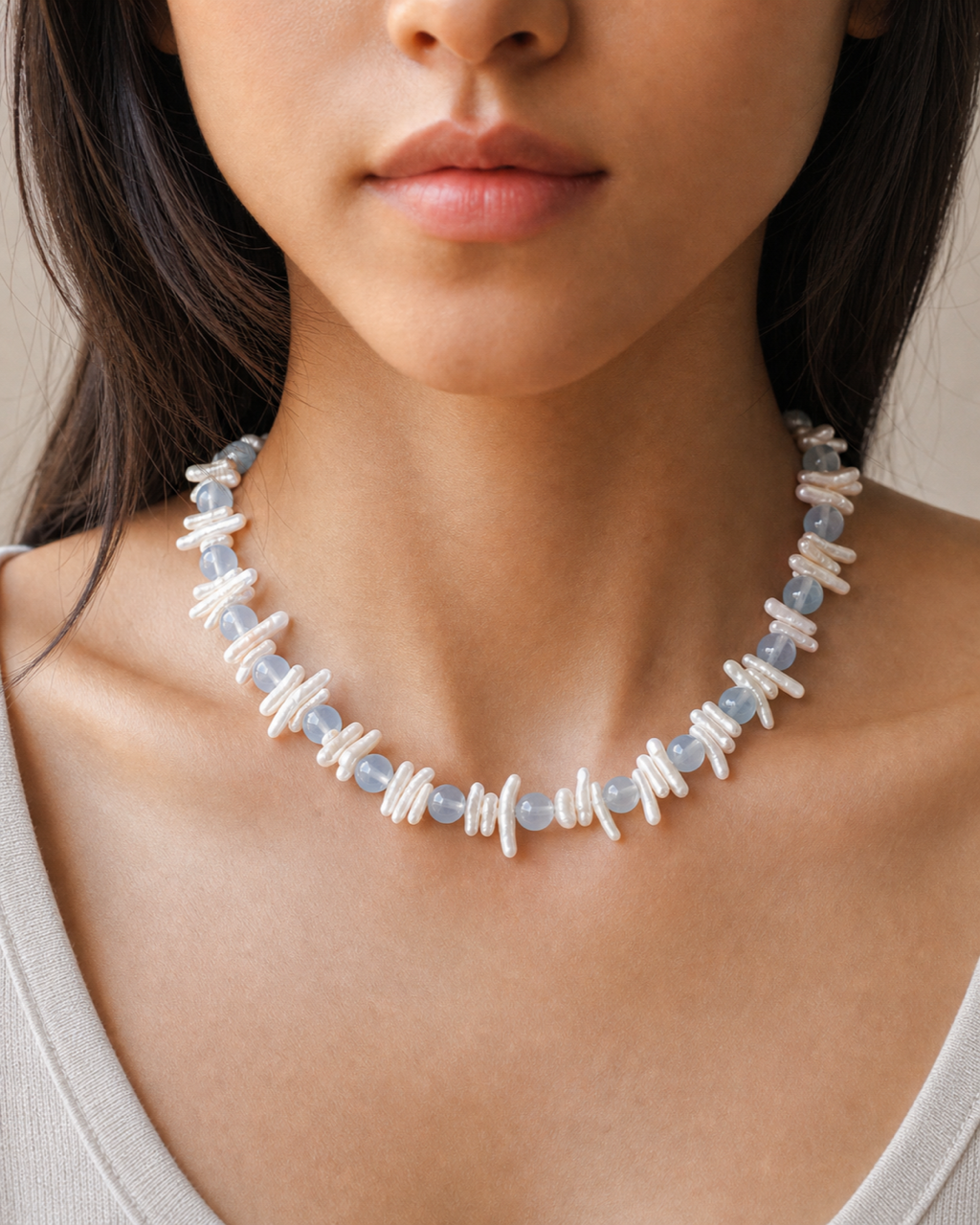 Blue White Shell Pearl Necklace worn on model