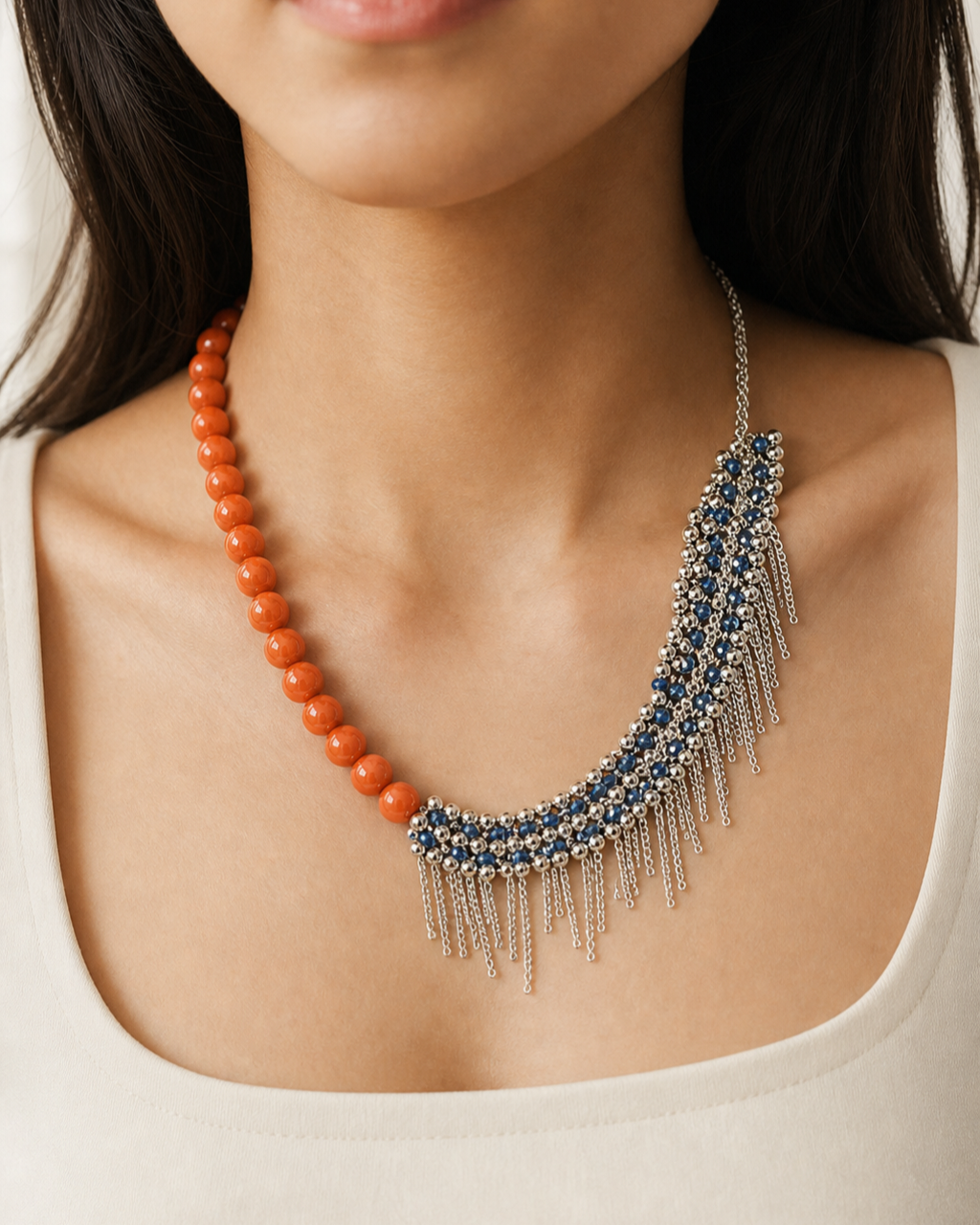 Coral Blue Crystal Fringe Necklace worn on model