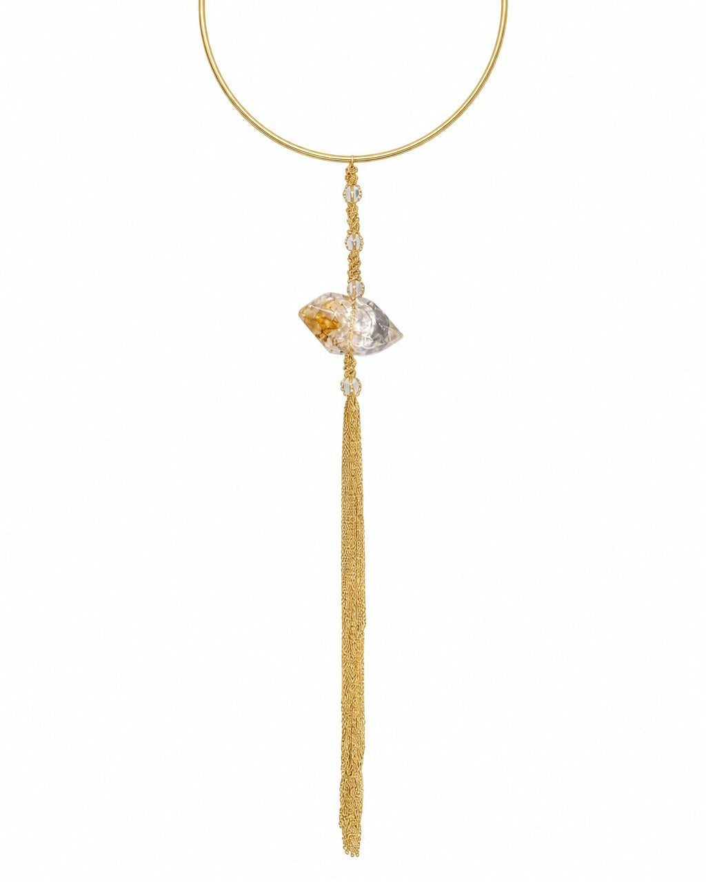 Gold Crystal Tassel Collar Necklace on a white background