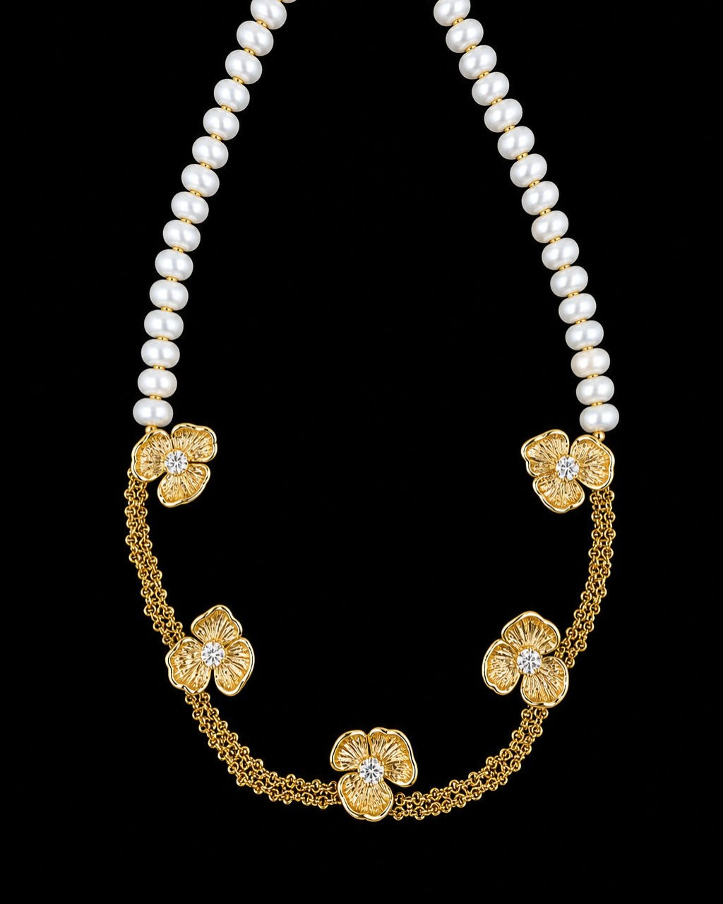 Gold Flower Pearl Necklace on a black background