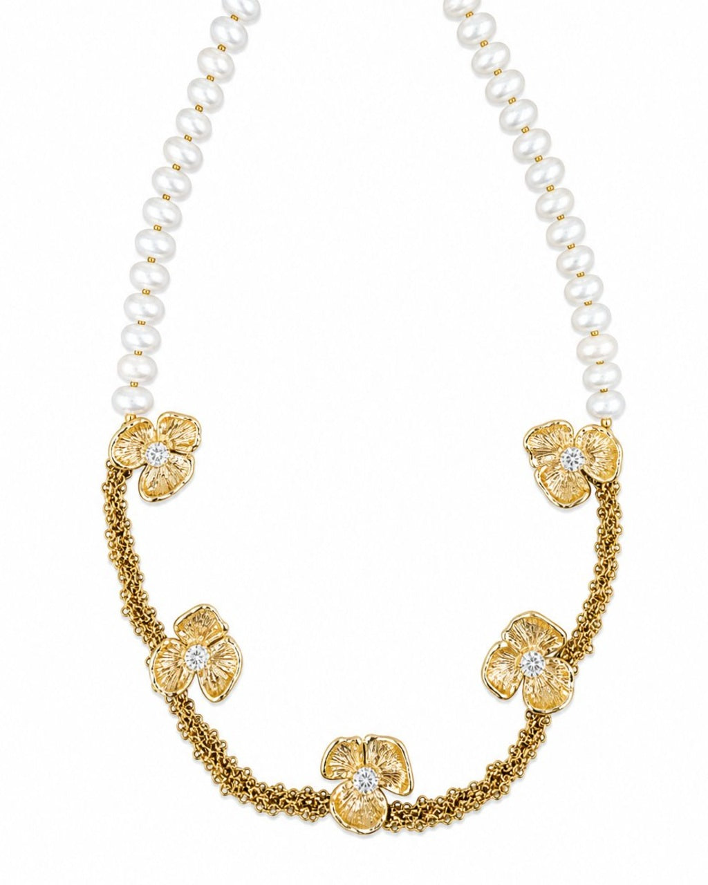 Gold Flower Pearl Necklace on a white background