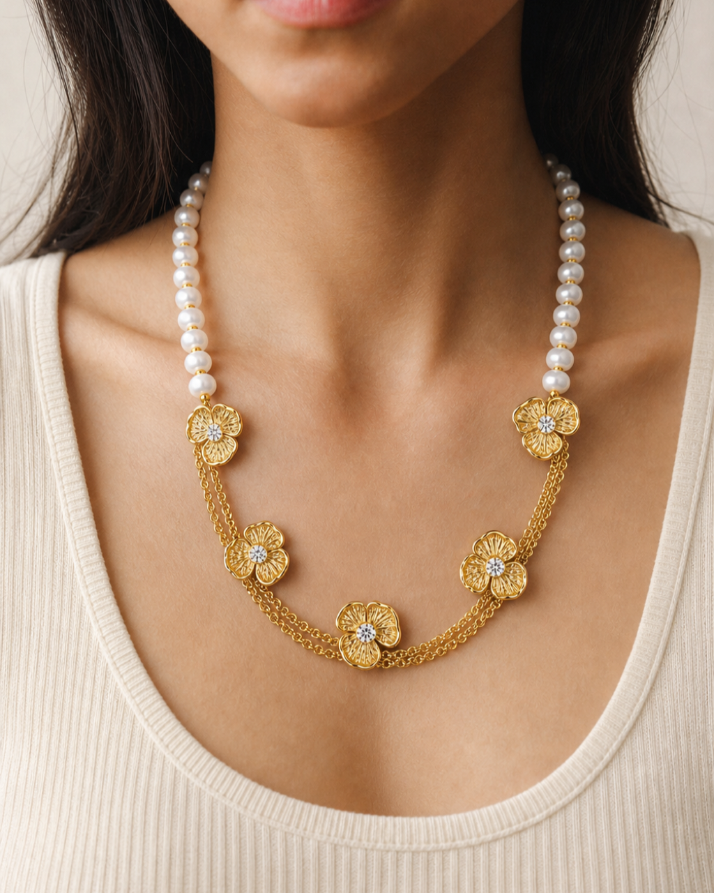 Gold Flower Pearl Necklace worn on model