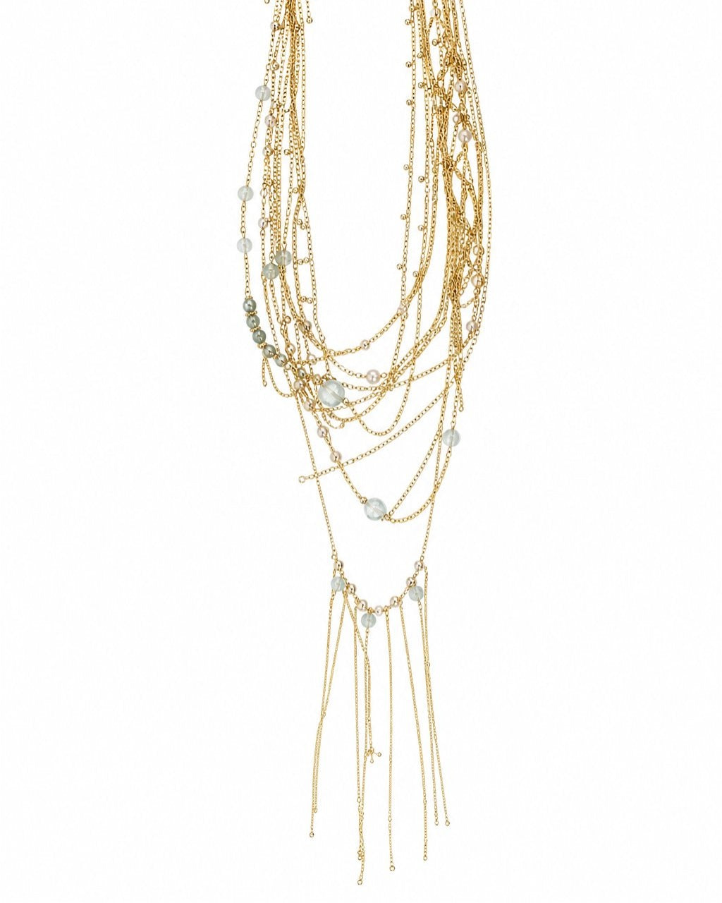 Gold Multistrand Aqua Tassel Necklace on a white background