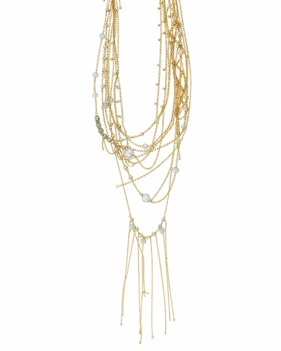 Gold Multistrand Aqua Tassel Necklace