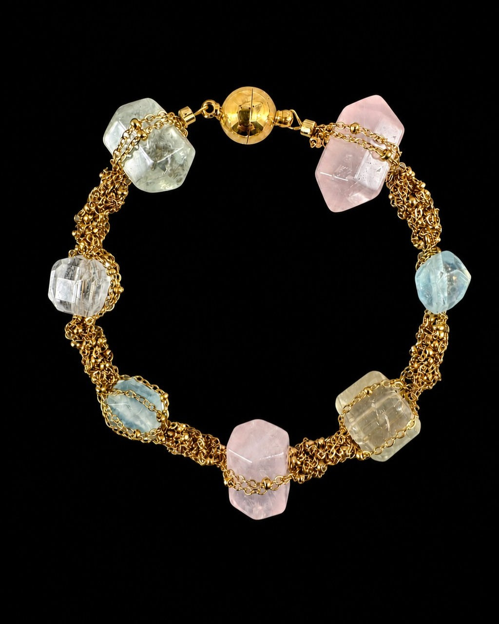 Gold Pastel Crystal Chain Bracelet on a black background