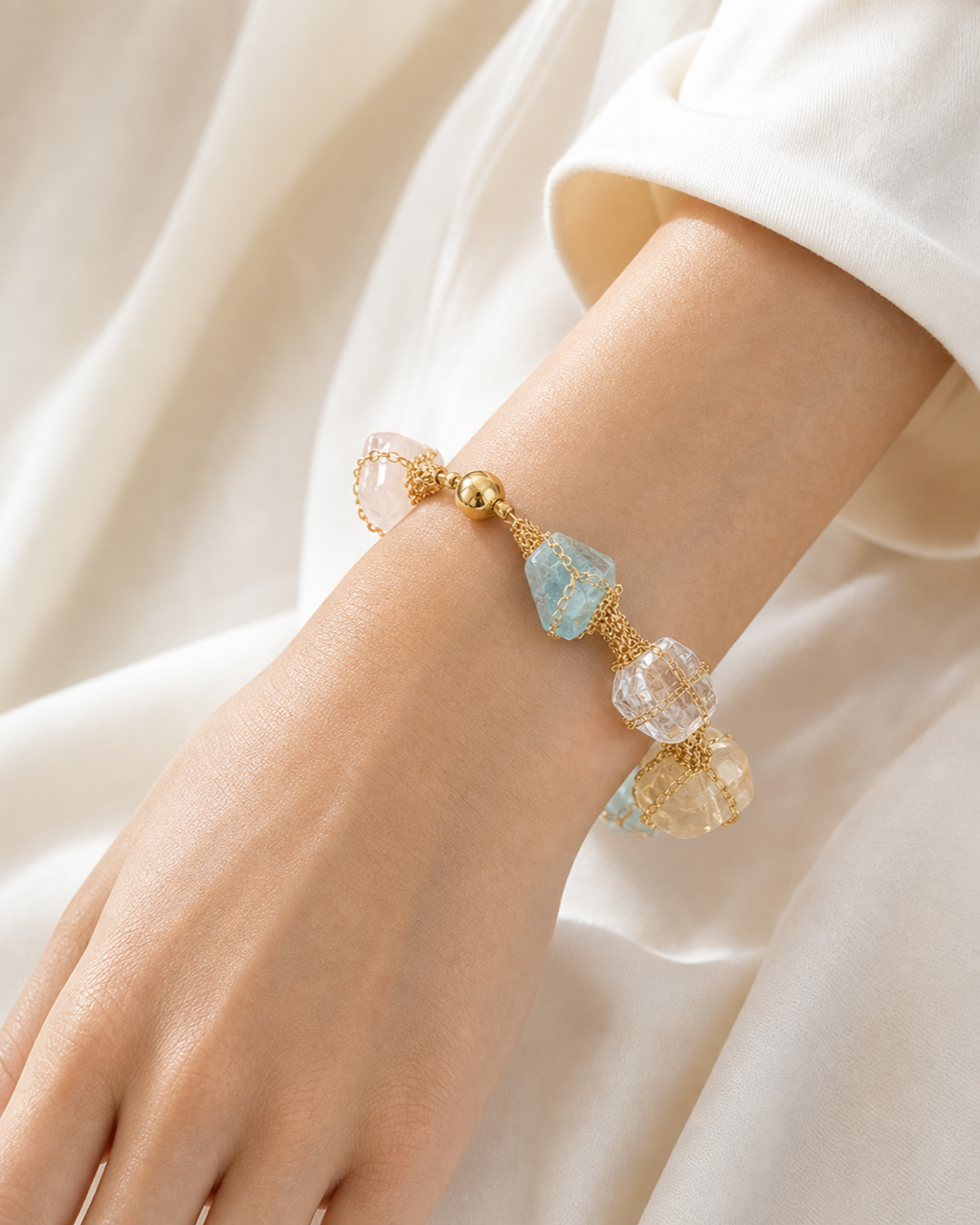 Gold Pastel Crystal Chain Bracelet worn on model