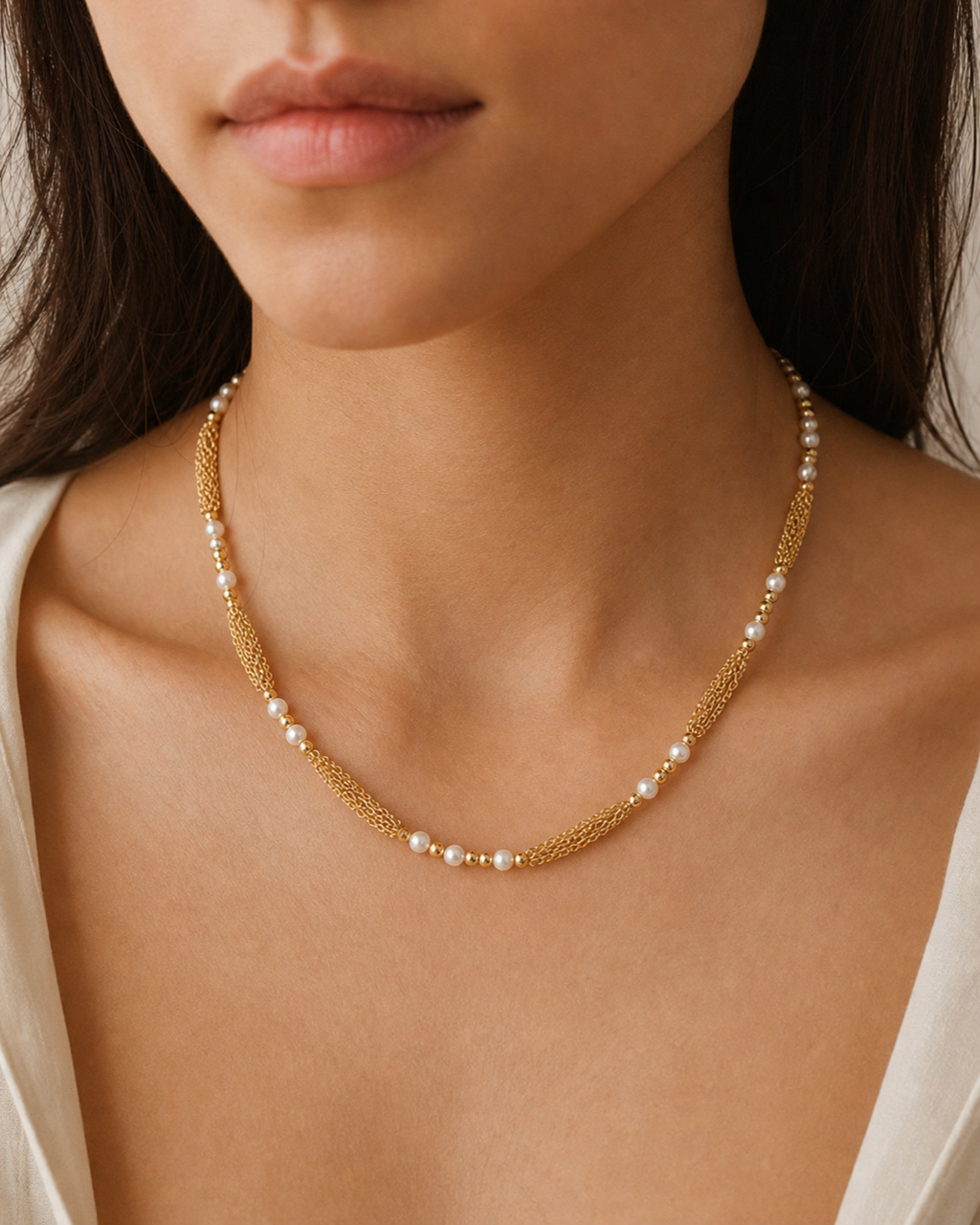 Gold Pearl Chain Necklace worn on model