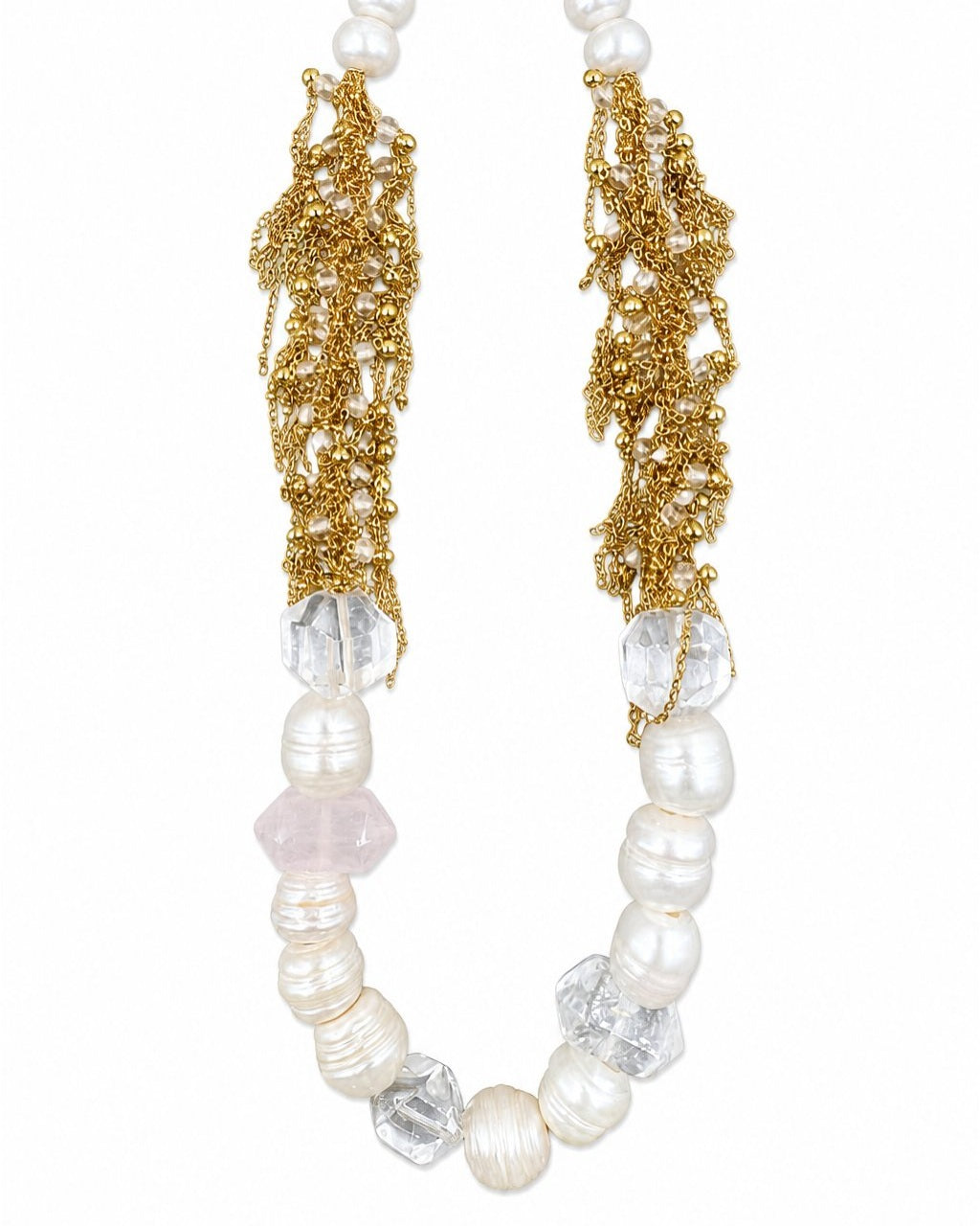 Gold Pearl Crystal Necklace on a white background