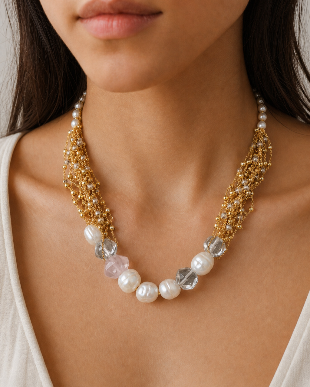 Gold Pearl Crystal Necklace worn on model