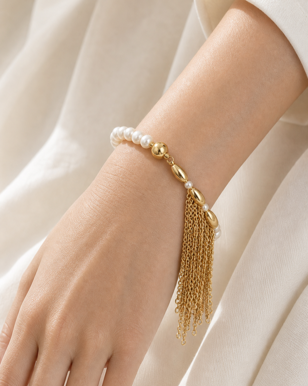 Gold Pearl Tassel Bracelet worn on model
