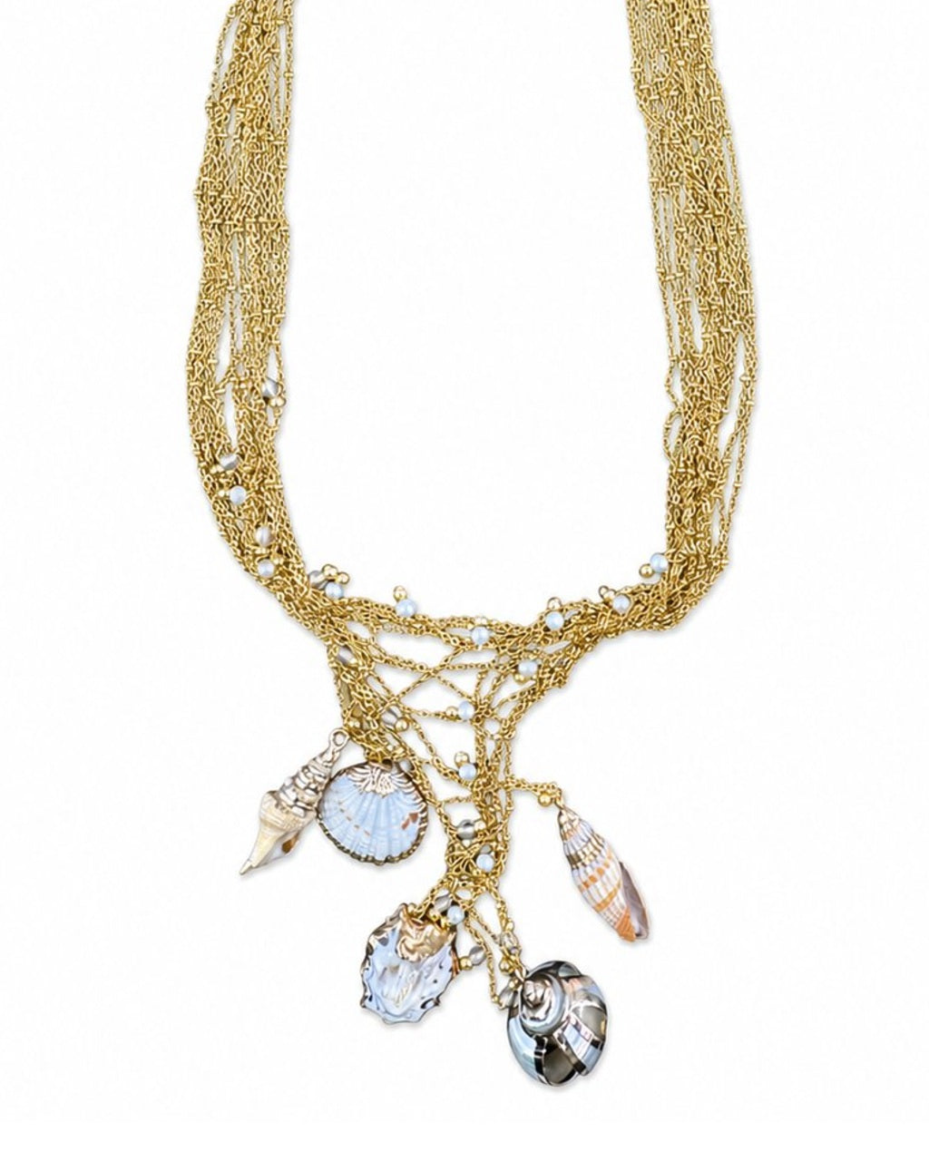Gold Shell Charm Necklace on a white background