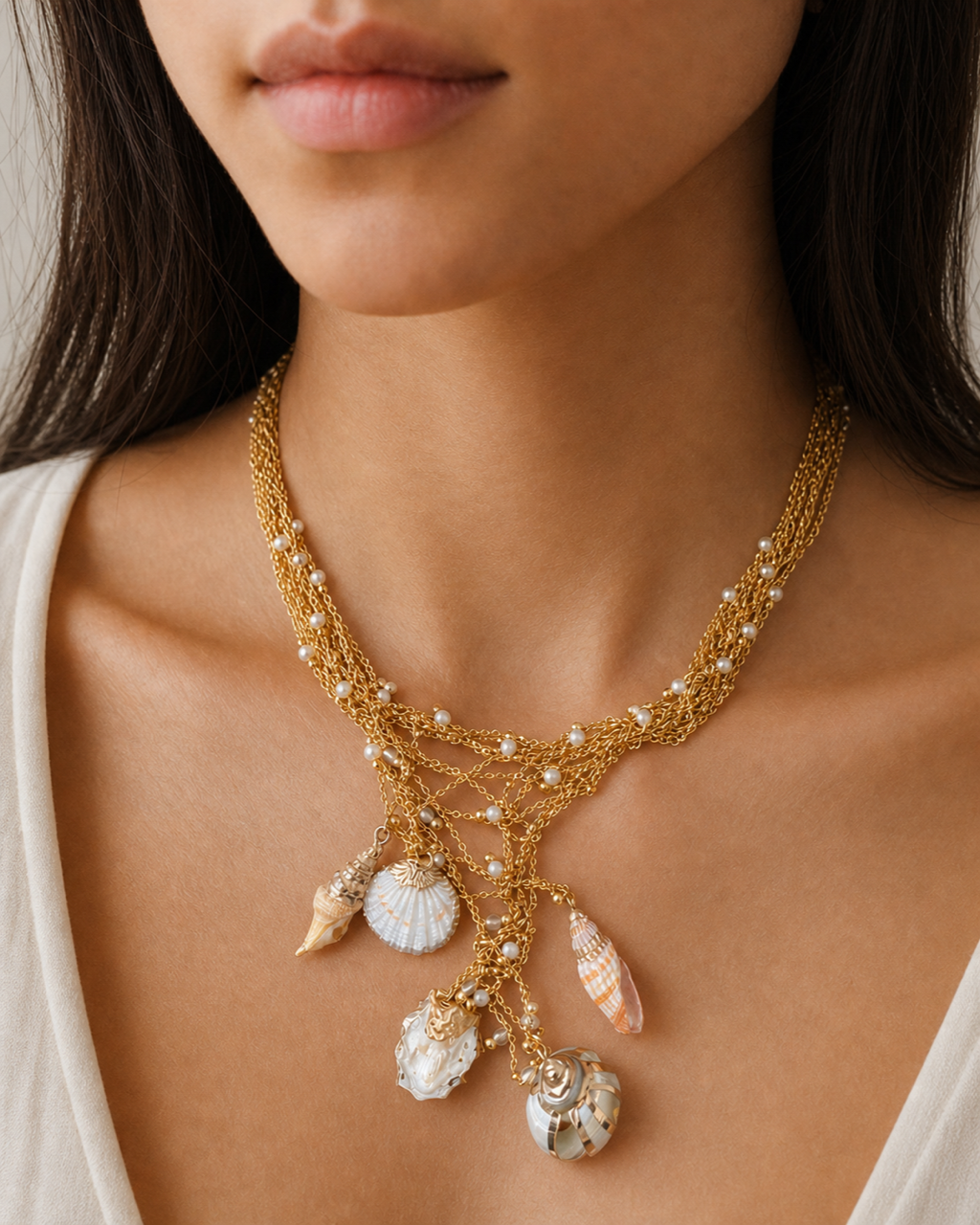 Gold Shell Charm Necklace worn on model