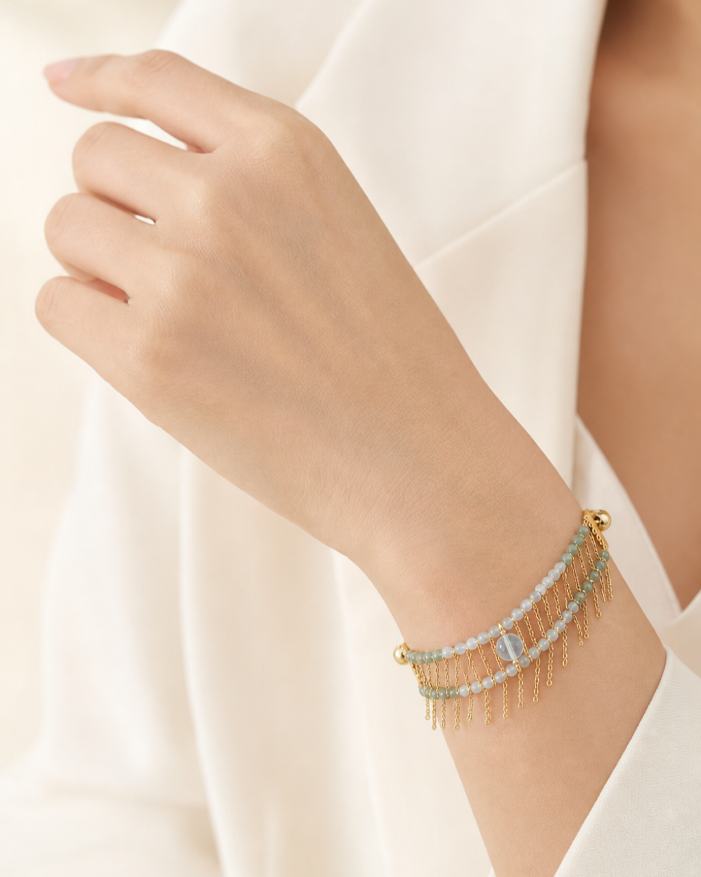 Green Bead Gold Chain Bracelet worn on model