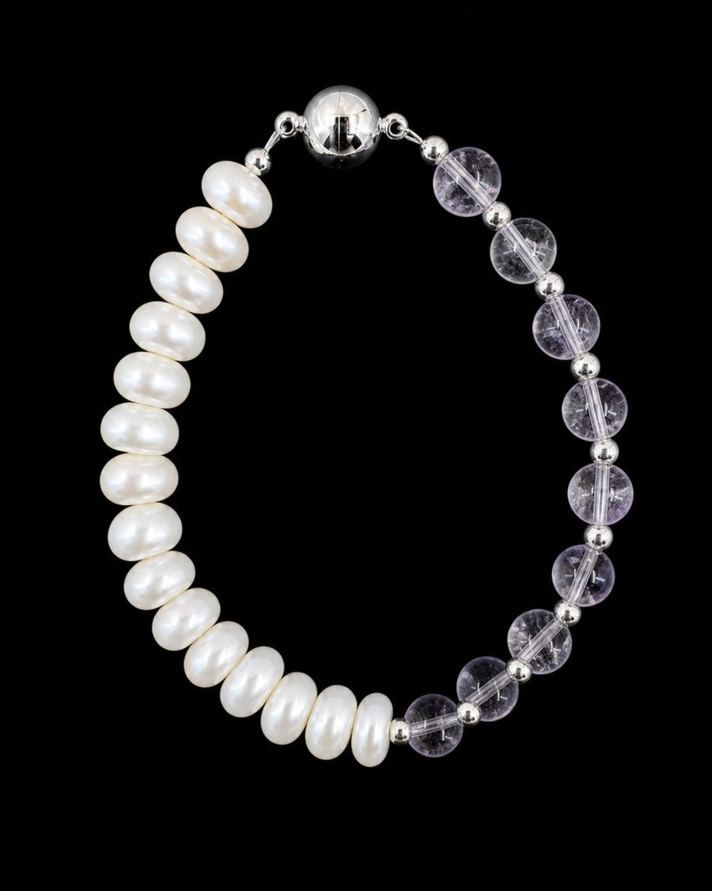 Lavender Crystal Pearl Bracelet on a black background