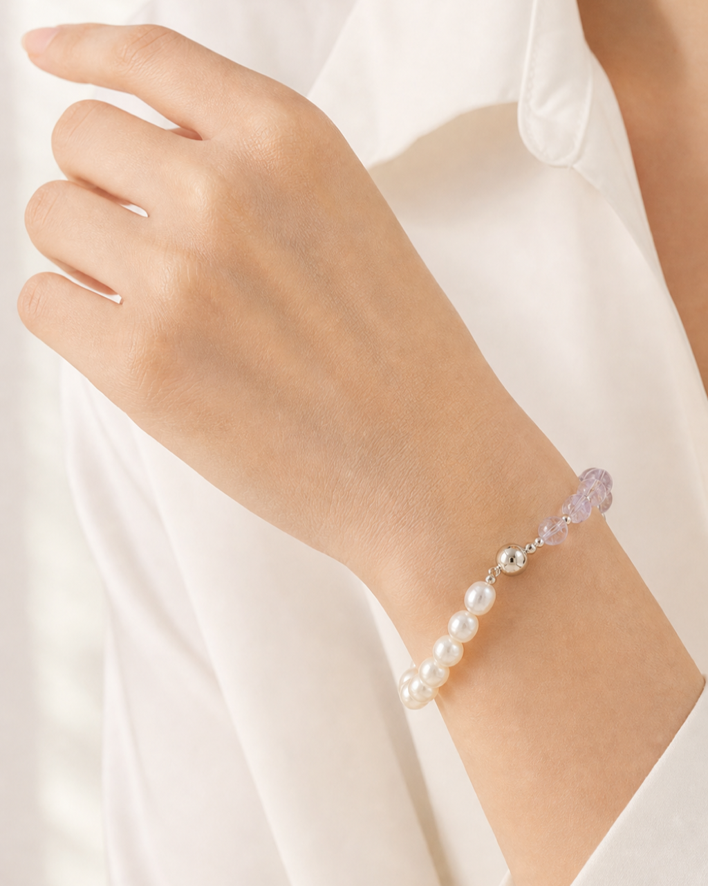 Lavender Crystal Pearl Bracelet worn on model