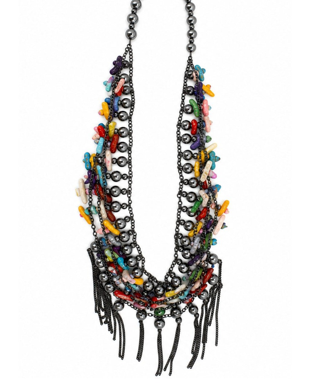 Multicolor Chip Gunmetal Tassel Necklace on a white background