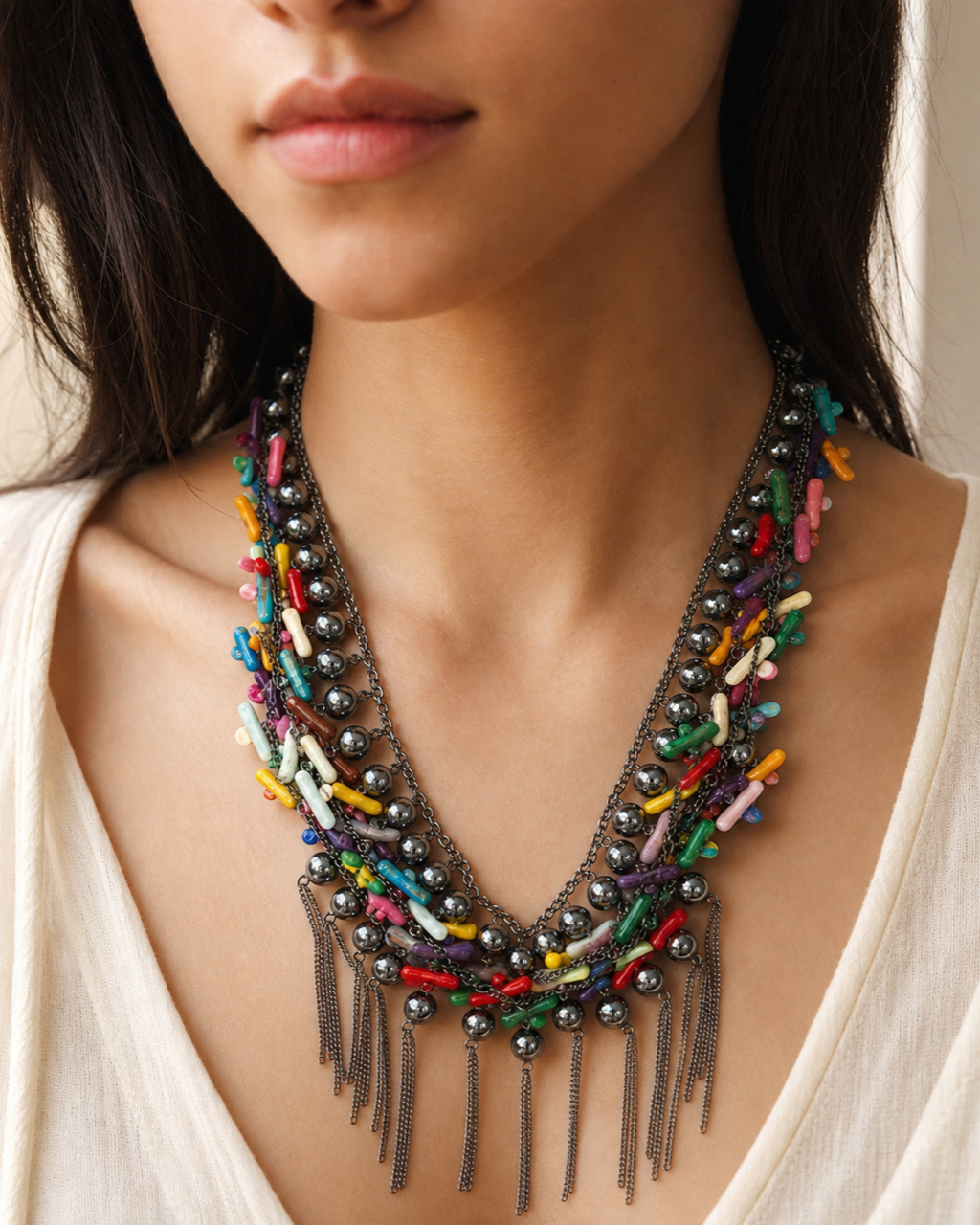 Multicolor Chip Gunmetal Tassel Necklace worn on model
