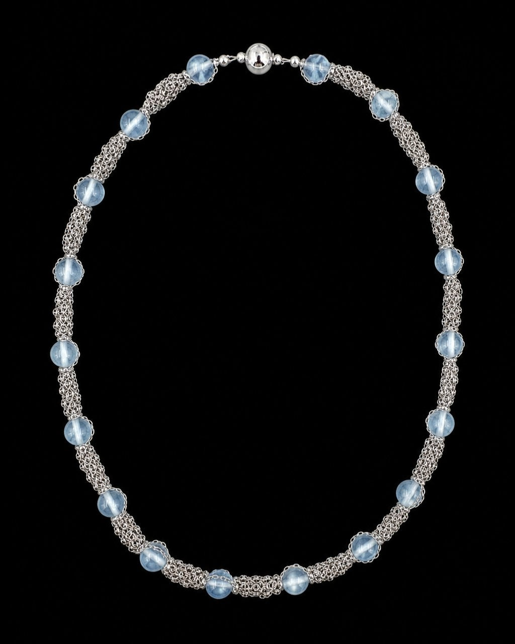 Silver Blue Bead Chain Necklace on a black background