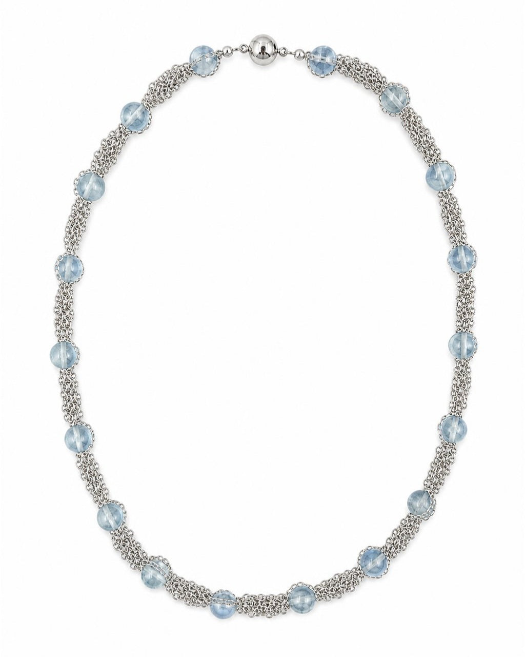 Silver Blue Bead Chain Necklace on a white background