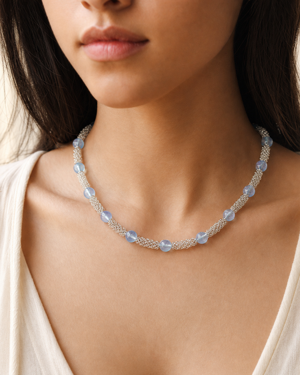 Silver Blue Bead Chain Necklace worn on model