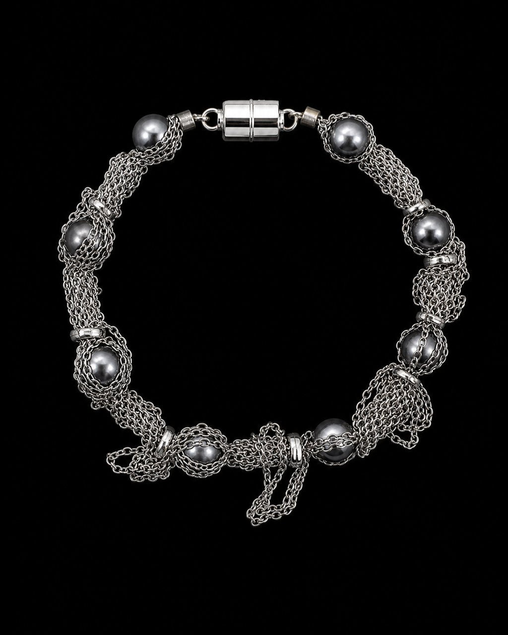 Silver Chain Gray Pearl Bracelet on a black background