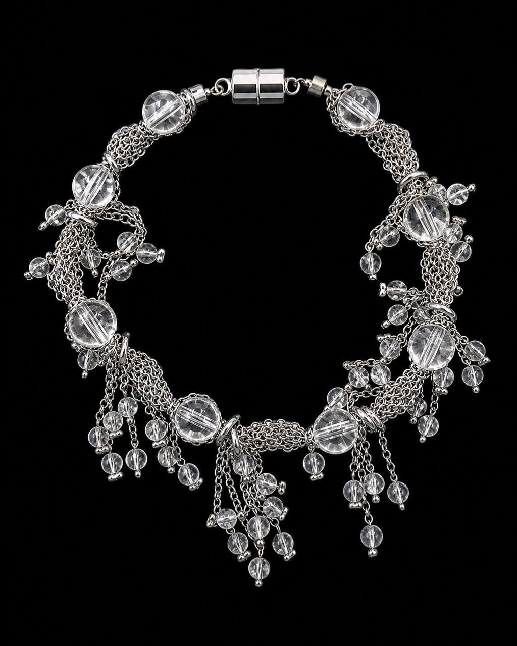 Silver Clear Crystal Chain Bracelet on a black background