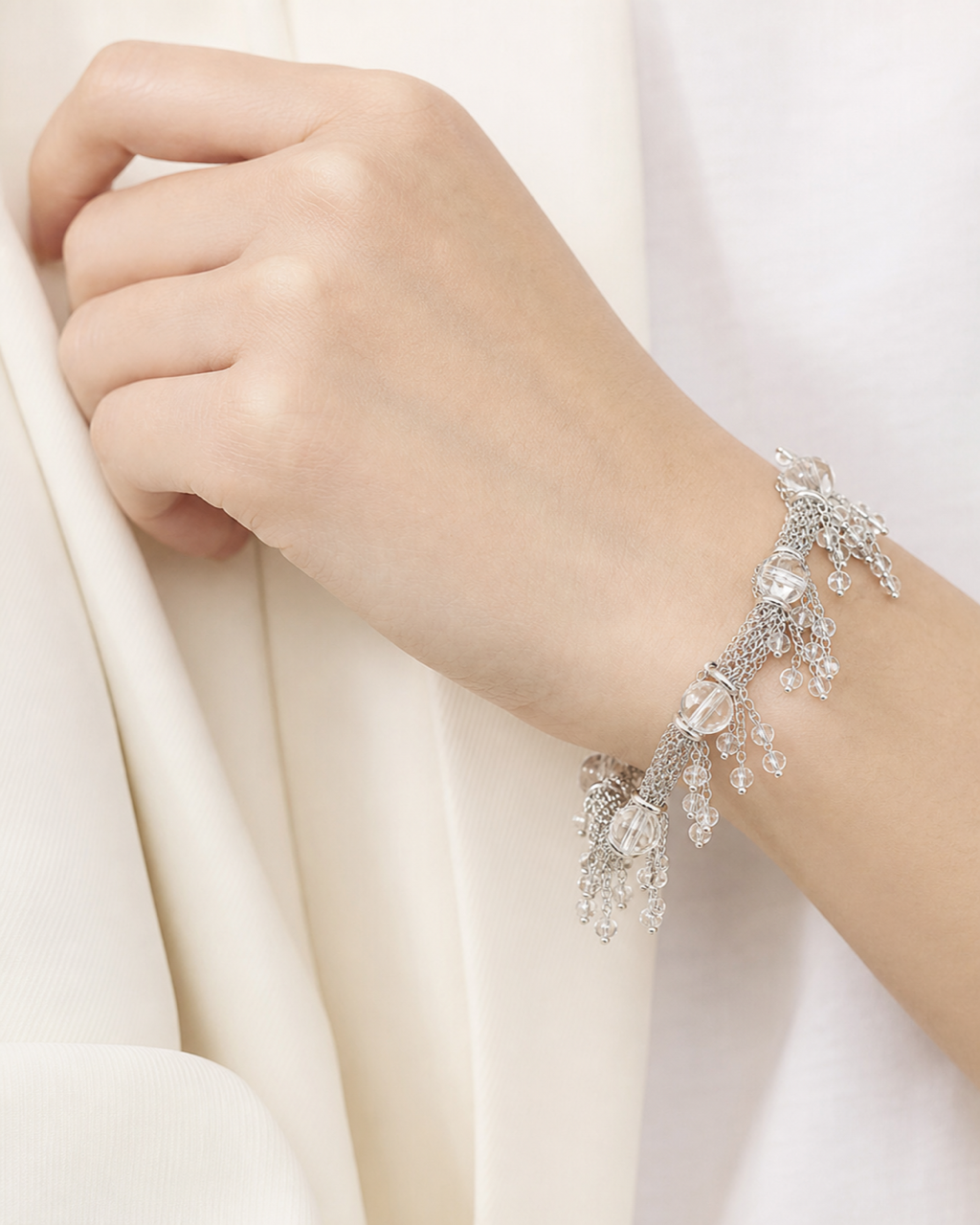 Silver Clear Crystal Chain Bracelet worn on model