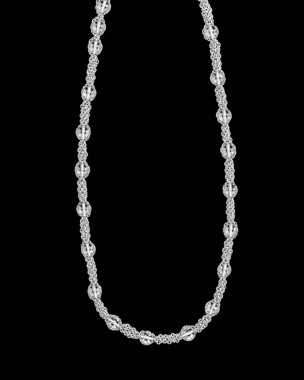 Silver Clear Crystal Chain Necklace on a black background